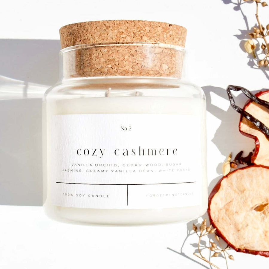 Cozy Cashmere 22 oz candle in the actual Forget Me Not glass vessel